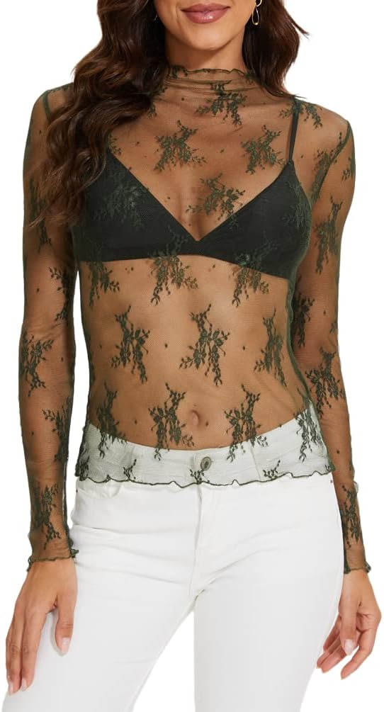Hot Savings Alert - Shop Now for the Best Deals! AILBBE Mesh Long Sleeve Layering Top for Women Mock Neck Floral Embroidery Sheer See Through Tee Shirt Blouse Army Green Small