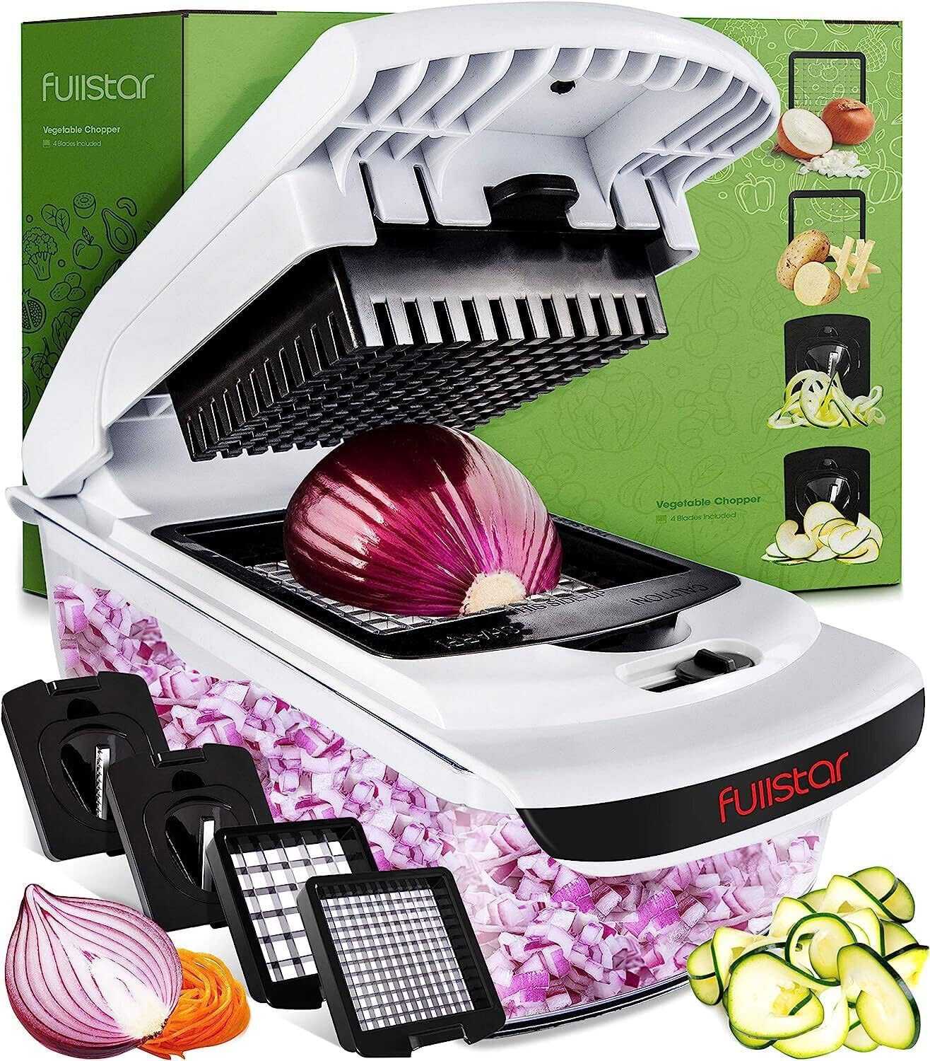 Limited-Time Promo: Fullstar Vegetable Chopper - Spiralizer Vegetable Slicer - Onion Chopper with Container - Pro Food Chopper - Slicer Dicer Cutter - (4 in 1, White)