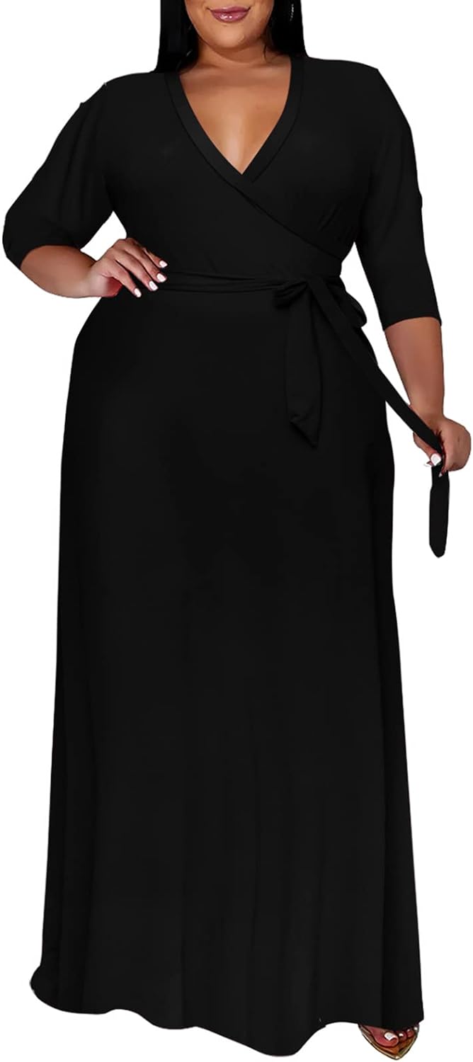 Go! Runwind Plus Size Dresses for Women Floral Maxi Dress Flowy 3/4 Sleeve with Belt XX-Large 11-black - Limited-Time Discounts!