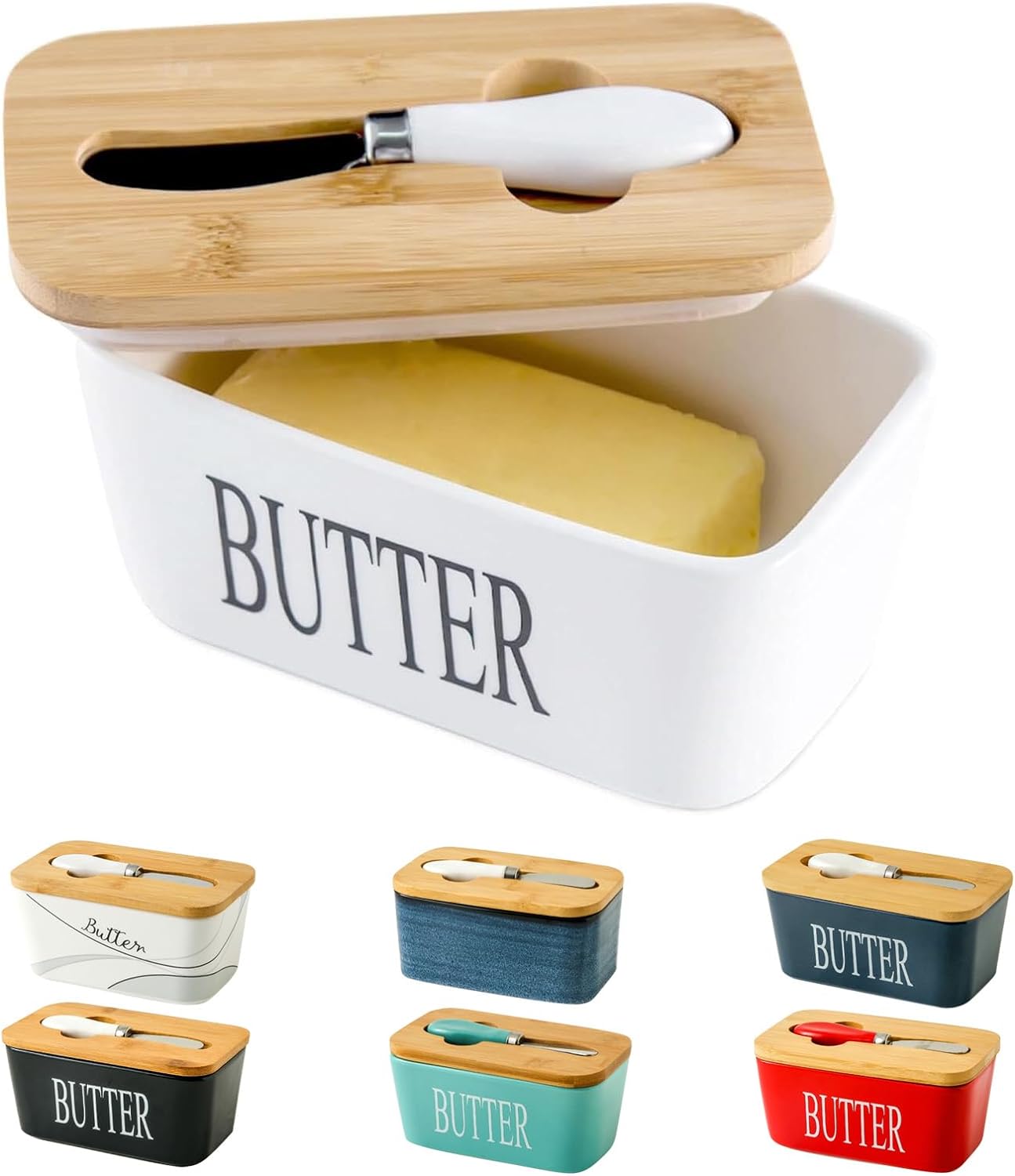 Sale Now On! Hasense Porcelain Butter Dish with Bamboo Lid - Covered Butter Dish with Butter Knife for Countertop