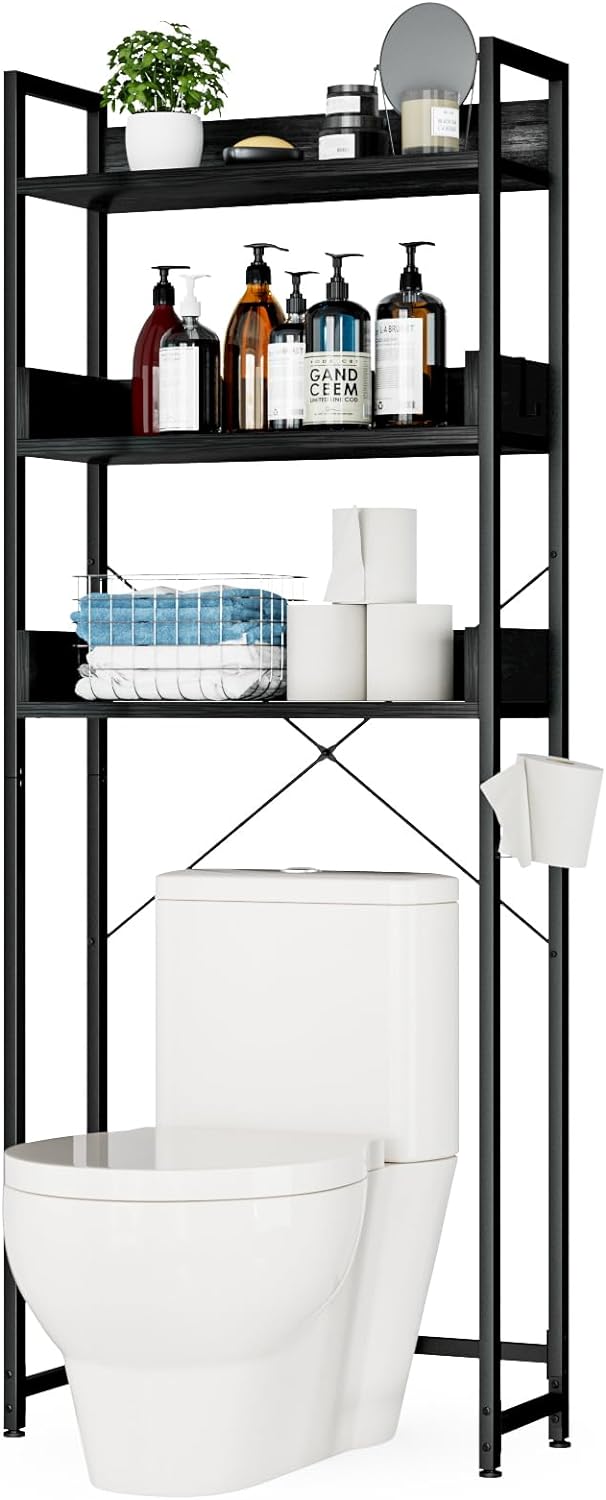 OTK Over-The-Toilet Storage, 3 Tier Bathroom Organizer Shelf, Freestanding Space Saver with Toilet Paper Holder, Multifunctional Over The Toilet Rack, Black