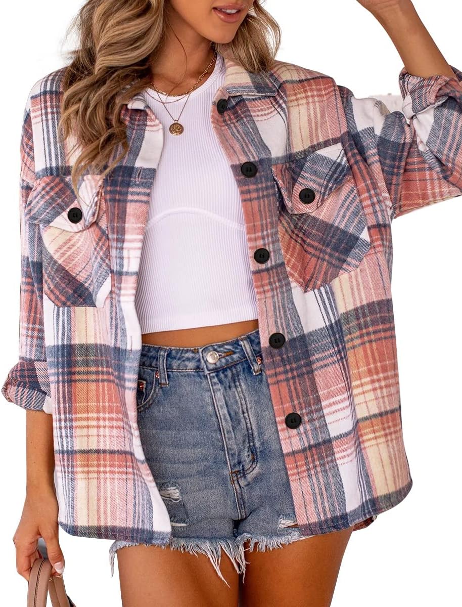 Flash Sale Alert! AUTOMET Womens Casual Plaid Shacket Button Down Long Sleeve Shirts Bluepink X-Large - 50% Off!