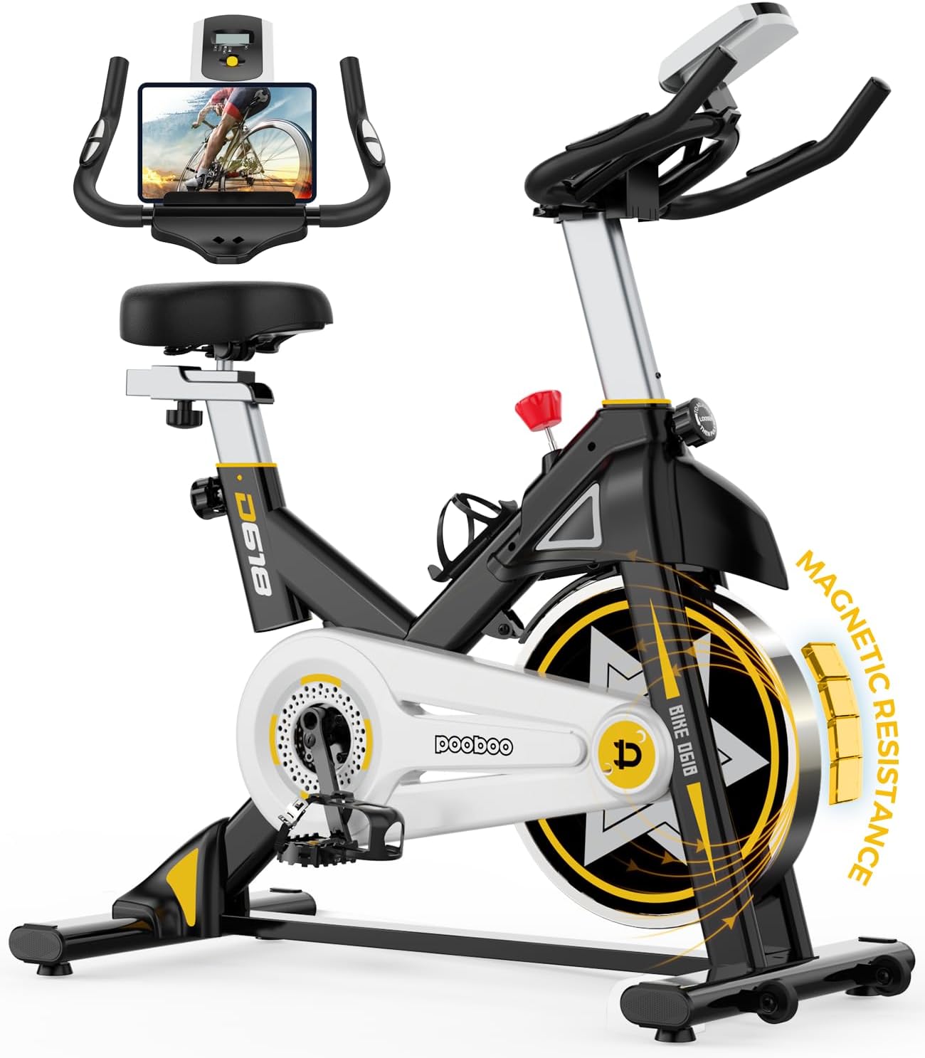 Shop Now for the Lowest Prices - POOBOO Exercise Bike, Magnetic Resistance Indoor Cycling Bike with Comfortable Seat Cushion