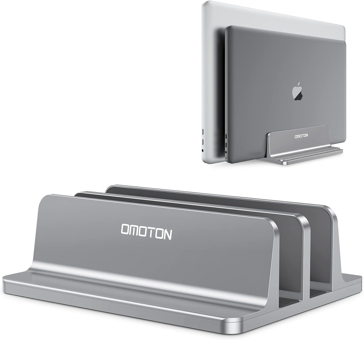 OMOTON [Updated Dock Version Vertical Laptop Stand, Double Desktop Stand Holder with Adjustable Dock (Up to 17.3 inch), Fits All MacBook/Surface/Samsung/HP/Dell/Chrome Book (Grey)