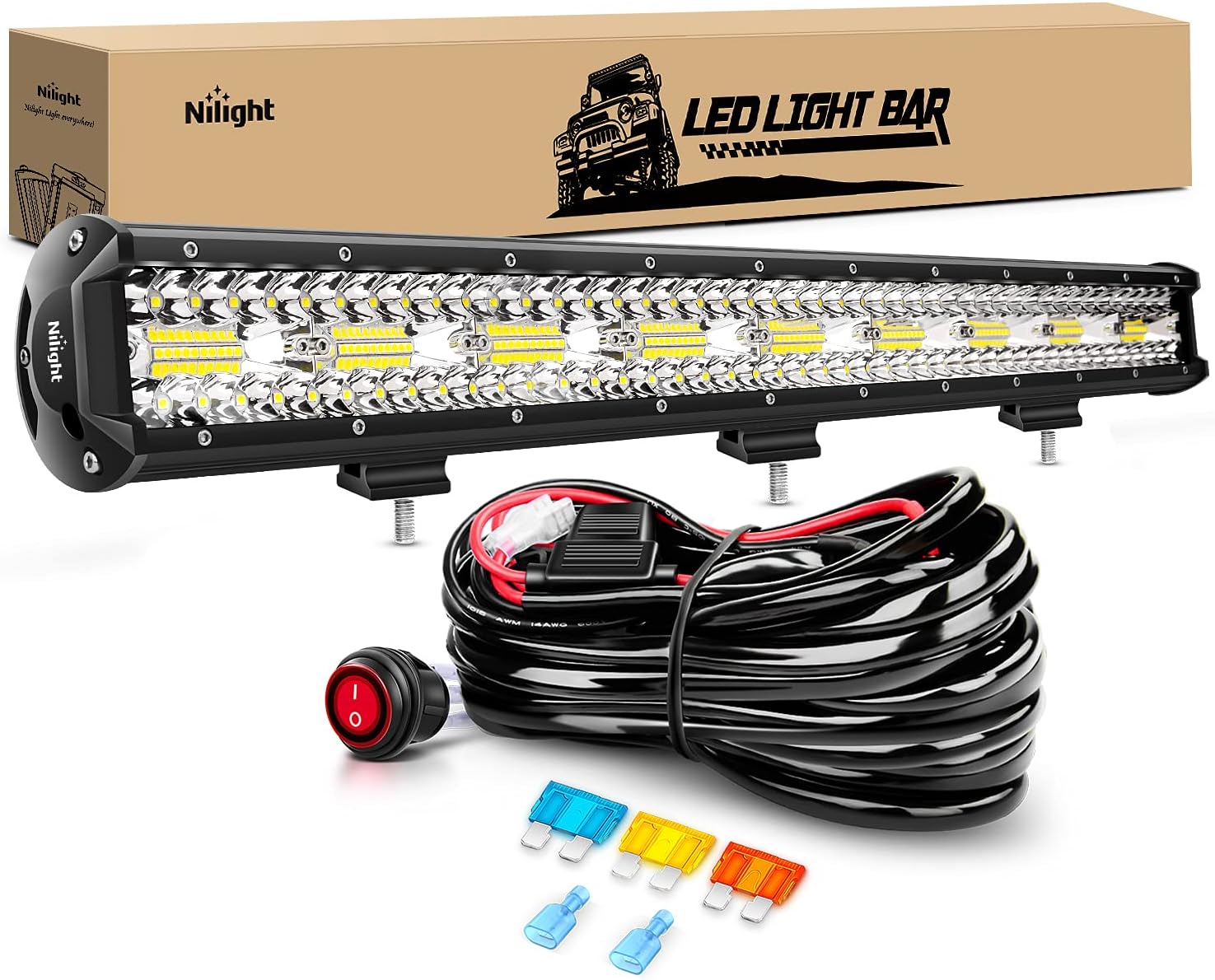 Exclusive Promo: Snag Your Discount Today! Nilight Led Light Bar 26Inch 540W Triple Row 50000LM Flood Spot Combo Off Road Driving Lights with 14AWG Heavy Duty Wiring Harness for Boat Truck Jeep UTV ATV Car, 2 Years Warranty