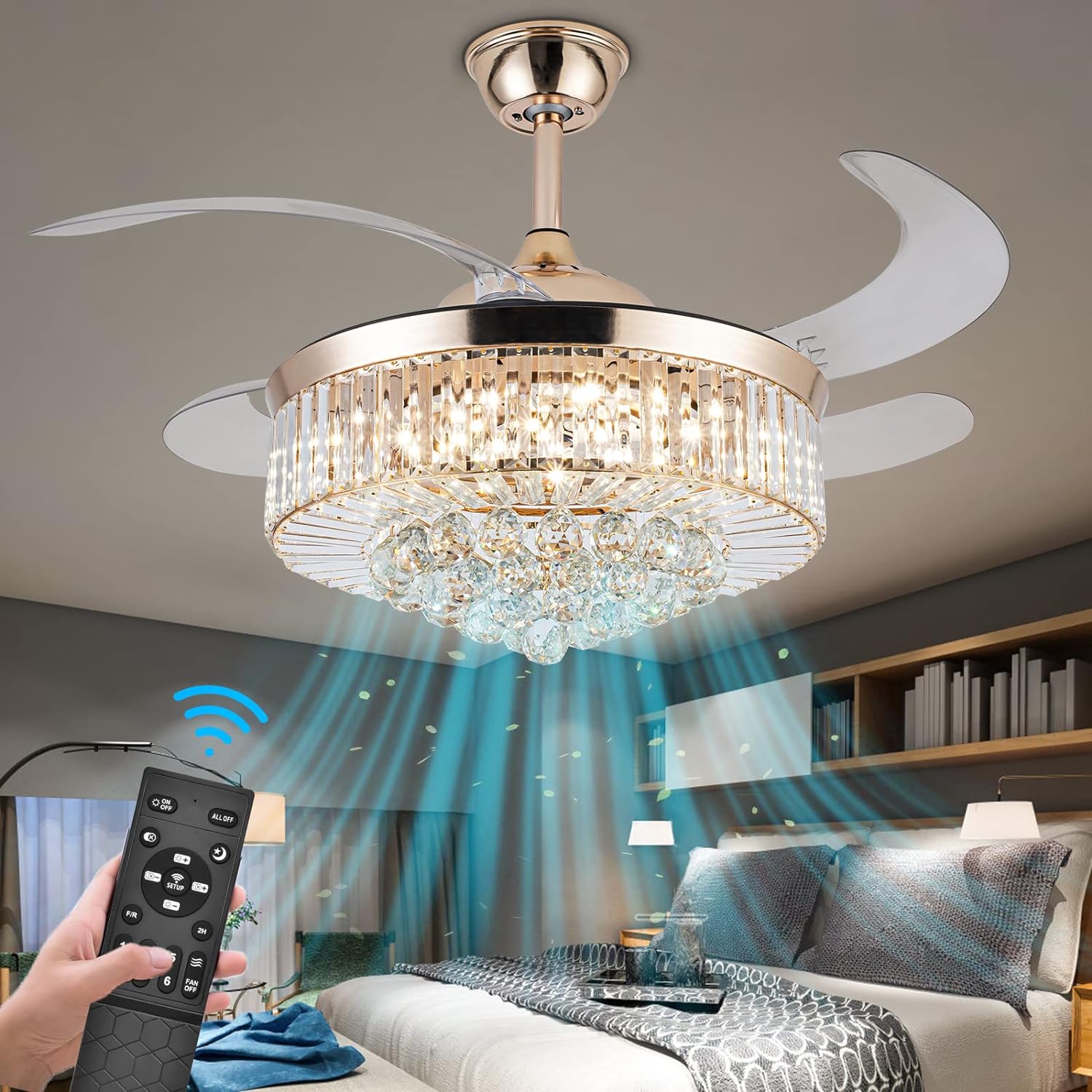 Save Big on Your Purchase! 42'' Reversible Chandelier Crystal Ceiling Fan - Stepless Dimming, Remote Control, Retractable Blades