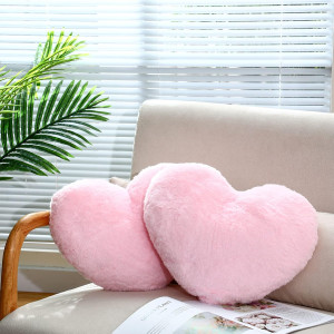 Remerry 2 Pieces Soft Heart Throw Pillow Plush Heart Shaped Decorative Pillow Faux Rabbit Fluffy Cushion for Girl on Valentine's Day Fit Living Bed Dining Sofa Car (Pink)