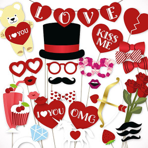 Valentine’s Day Photo Booth Props Decor, 35 PCS Ro...