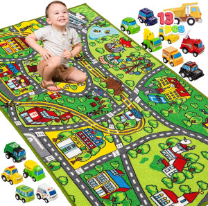 JOYIN Carpet Playmat w/ 12 Cars Pull-Back Vehicle...