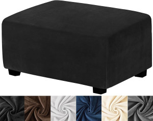 Ottoman Cover Rectangle,Stretch Velvet Ottoman Slipcovers Rectangle Thick Ottoman Covers Slipcover Rectangle Slipcovers for Ottomans Soft Foot Stool Cover with Elastic Bottom Black Medium