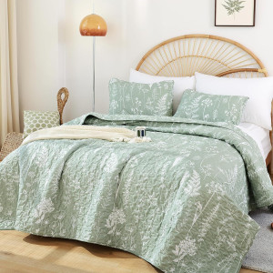 JANZAA Quilts Queen Size Sage Green Quilt Botanica...