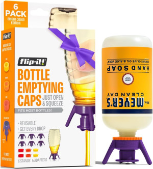 Bottle Emptying Kit – 6 Bottle Pack - No more wasted product - Fits most plastic bottles – 6 Base Caps, 6 Adapters – Bright Color Edition