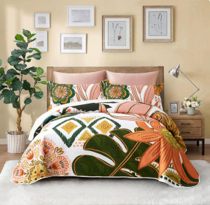 3 Piece Boho Floral Full/Queen Quilt Sets Farmhous...
