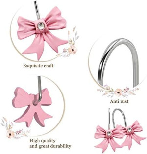 12PCS Decorative Shower Curtain Hooks, Pink Bow Kn...