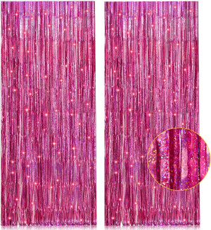 2 Pack 3.2ft x 8.2ft Pink Metallic Tinsel Foil Fri...