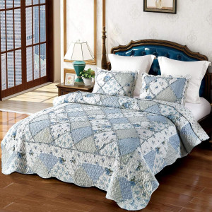VIVILINEN Blue Floral Patchwork Quilt Set, Full Qu...