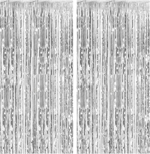 2 Pack Foil Curtain Backdrop Silver Metallic Tinse...