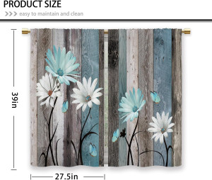 Teal Farmhouse Daisy Kitchen Curtains Wooden Flowe...
