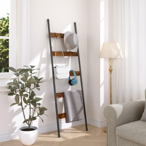 Blanket Ladder, 5-Tier Towel Rack with Hooks, Wall...