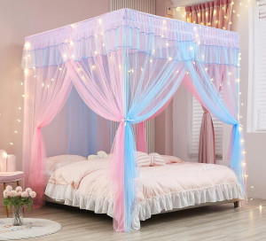 Mengersi Rainbow Canopy Bed Curtains with Lights -...