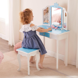 Kids Vanity Table & Stool Set, Girls Vanity Set wi...