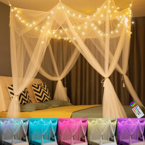 White Bed Canopy with 18 Colors Star Lights for Gi...