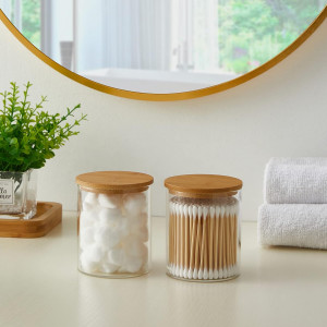 Glass Qtip Holder Dispenser with Bamboo Lid - 2 Pa...