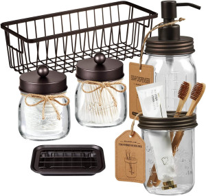 Premium Mason Jar Bathroom Accessories Set (6PCS)...
