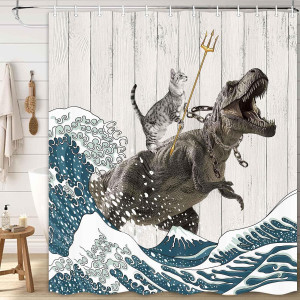 Funny Cat Shower Curtain, Cool Cat Dinosaur Japane...