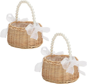 Elegant Wedding Flower Girl Basket with Pearl Hand...