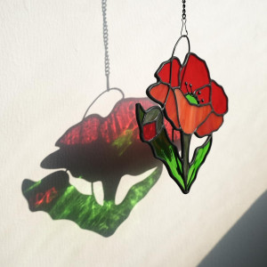 BOXCASA Red Poppy Flower Stained Glass Window Hang...