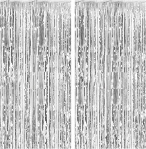 2 Pack Foil Curtain Backdrop Silver Metallic Tinse...
