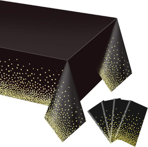 4 Pack Black and Gold Plastic Tablecloth for Recta...