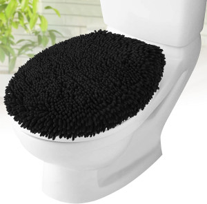 Toilet Lid Cover - Black, Plush Microfiber Oval To...