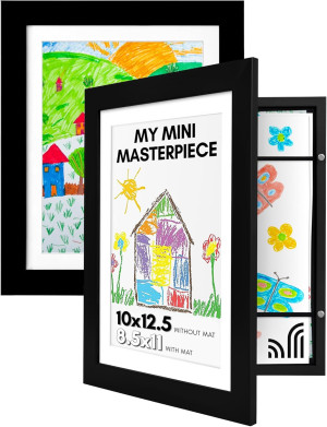 Americanflat Set of 2 10x12.5 Kids Art Frame - Front Loading Picture Frame Holds 100 Artworks - Use as 8.5x11 Frame with Mat or 10x12.5 Frame Without Mat - My Mini Masterpiece - Black