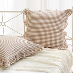 2 Pack Taupe White Plaid Ruffle Euro Pillow Shams...