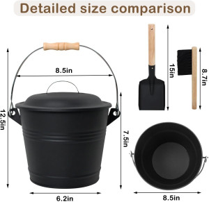 Ash Bucket with Lid and Shovel, 1.3 Gallon Firepla...