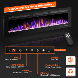 60" Electric Fireplace Wall Mounted and Recessed w...