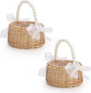 Wicker Rattan Flower Girl Basket Set of 2 Rustic W...