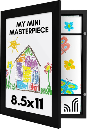 Americanflat 10x12.5 Kids Art Frame - Front Loading Picture Frame Holds 100 Artworks - Use as 8.5x11 Frame with Mat - My Mini Masterpiece - Hanging Hardware and Built-in Easel Included - Black