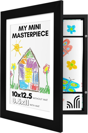 Americanflat 10x12.5 Kids Art Frame - Front Loading Picture Frame Holds 100 Artworks - Use as 8.5x11 Frame with Mat or 10x12.5 Frame Without Mat - My Mini Masterpiece - Black