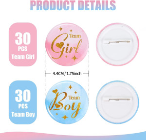 Gender Reveal Pins 60Pcs 4.4cm - Team Boy or Girl...