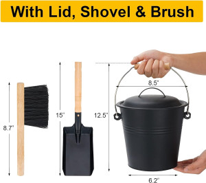 1.5-Gallon Metal Ash Bucket with Lid, Shovel, Broo...