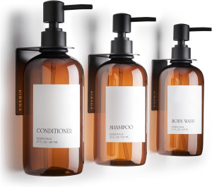 Stylish Shampoo and Conditioner Dispenser Set of 3 for Wall Mount - Modern Drill Free 21oz Shower Soap Bottles with Labels - Easy Refill Body Wash Dispensers for an Instant Bathroom Decor Upgrade