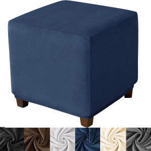 Ottoman Cover Square,Stretch Velvet Square Ottoman Cover Thick Ottoman Slipcover Square Washable Storage Ottoman Cover Foot Stool Cover with Elastic Bottom Blue Small