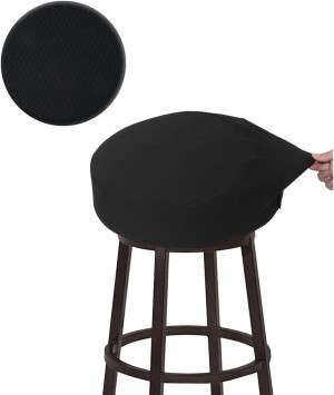 BUYUE Bar Stool Covers, Luxury Fabric Dia.12-14" Round Crease-Resistant Stretchy Washable Jacquard Dustproof Stool Seat Slipcover, S-Black-1 Count