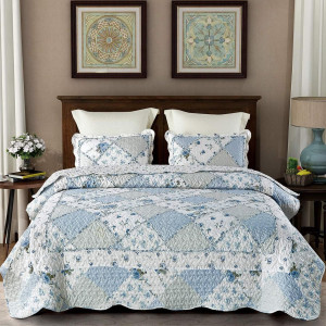 VIVILINEN Blue Floral Patchwork Quilt Set, Full Qu...