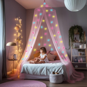 Pink Canopy for Girls Bed with Pre-Glued Glow in t...