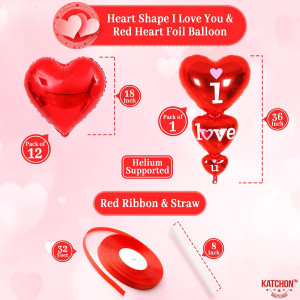 KatchOn, 12+1 Red Heart Balloons Decorations - Lar...