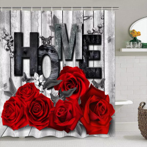 Red Rose 4 Pcs Shower Curtain Sets Non-Slip Rugs B...